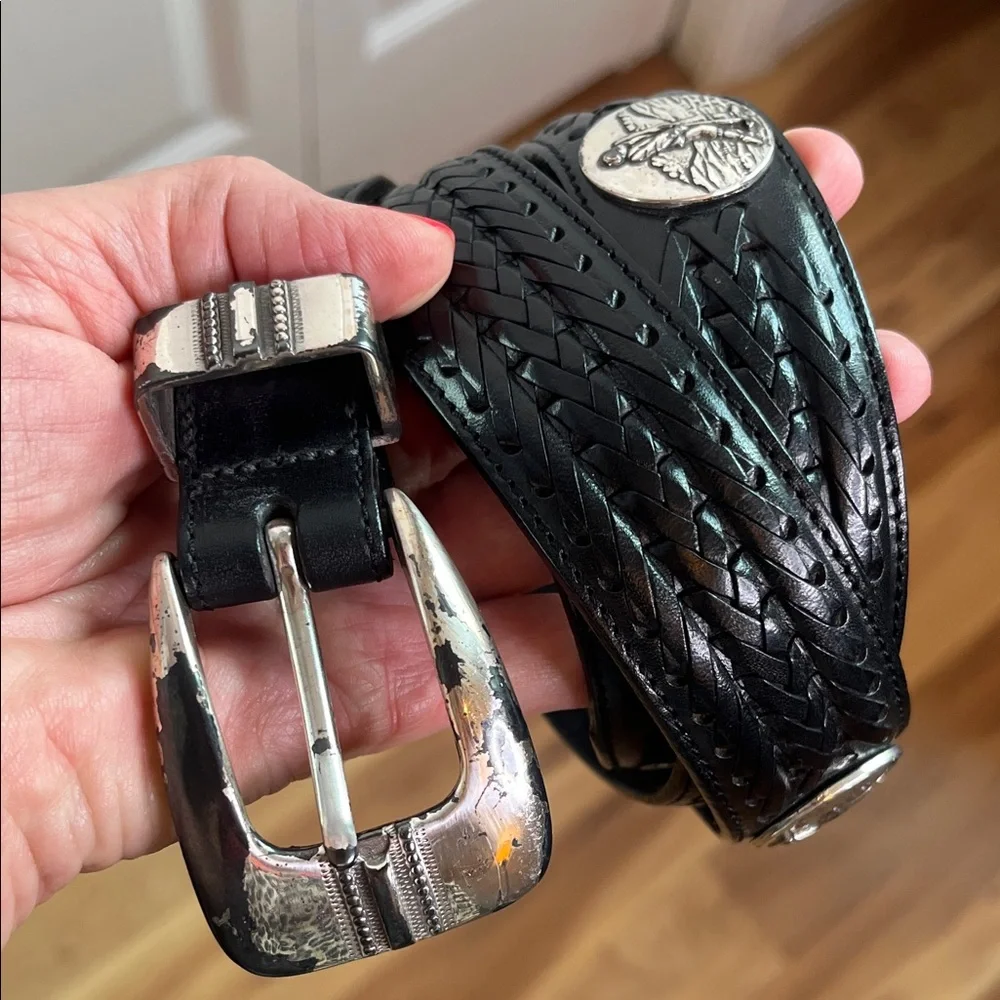 ONYX BY BRIGHTON Mens Leather Braided Belt Golf Scene Medallions Silver Buckle